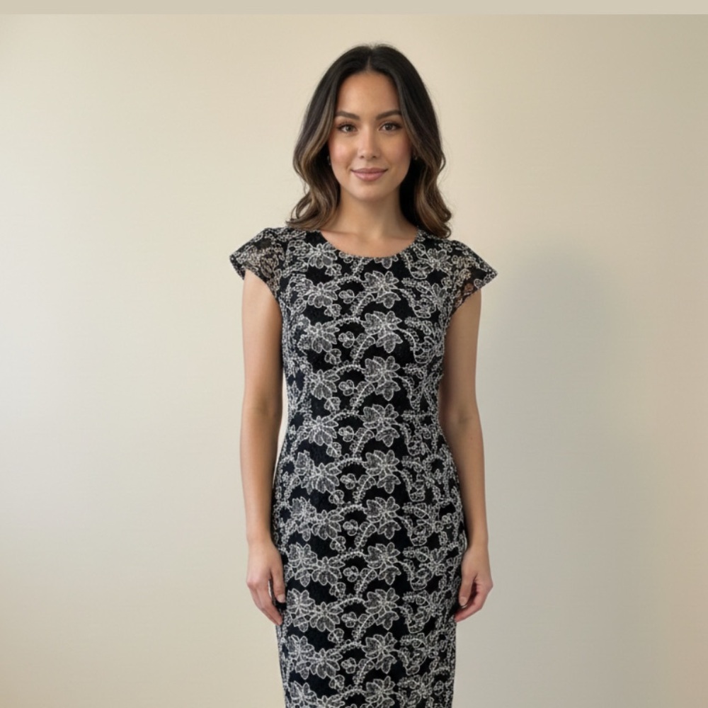 Ann Taylor Black and White Floral Lace Midi Dress